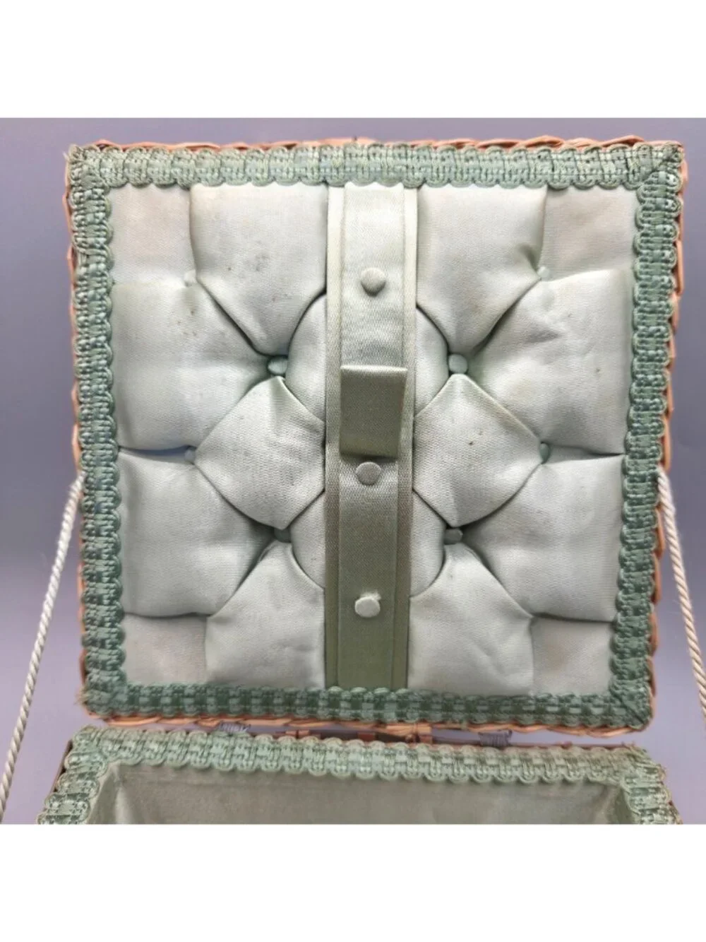 Vintage Woven Sewing Basket Hinged Lid Mid Century Green Satin Lining Cottage